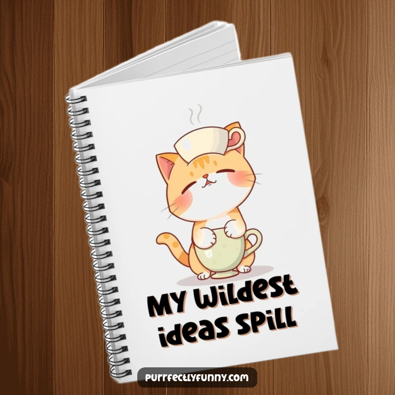 Funny notebook cover illustrating a cat's funny attempt to balance a teacup on its head, perfect for jotting down thoughts.