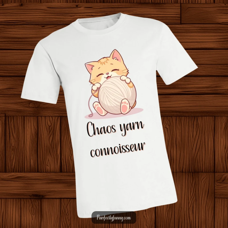 Funny T-Shirt showing an energetic cat completely absorbed in batting a huge ball of yarn with its paws.
