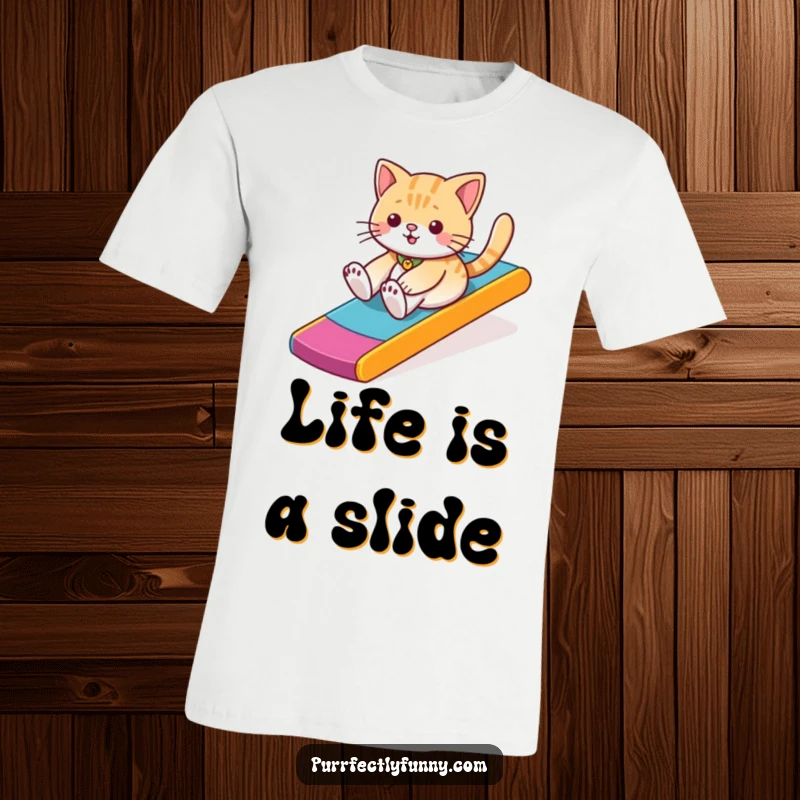 A funny cat depicted mid-slide down a vibrant, rainbow-colored ramp on a comfortable and stylish t-shirt.