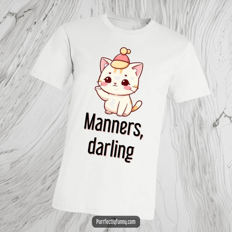 Funny cat in a small hat, tipping it elegantly with a paw on a t-shirt, exuding charm.