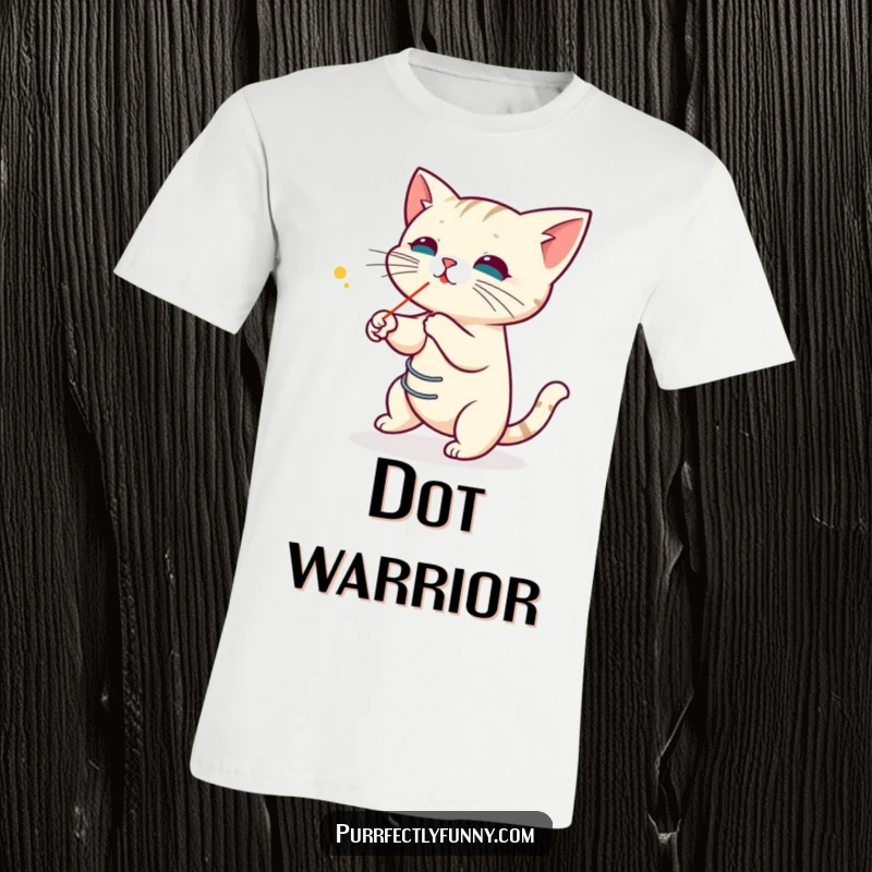 Funny t-shirt featuring a cat with its body coiled like a spring, poised to pounce on a playful laser pointer dot.
