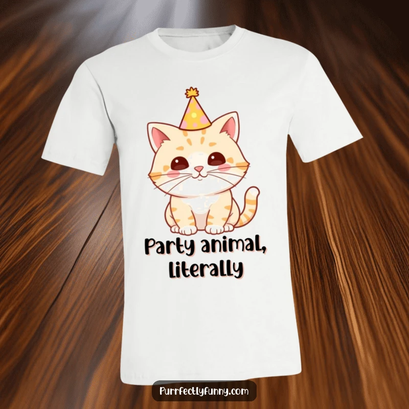 Funny Cat T-Shirt showcasing a cat in a tiny party hat with a delightfully long, celebratory whisker, conveying pure party joy.