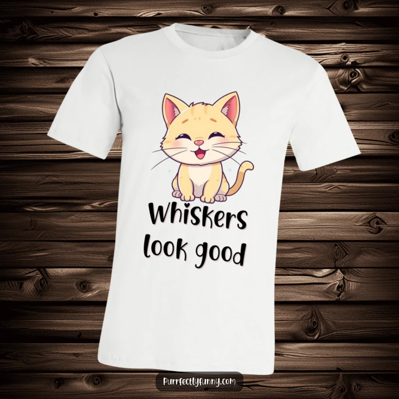 Funny t-shirt featuring a playful cat character with whiskers gracefully spiraled into charming, happy loops, embodying pure delight.