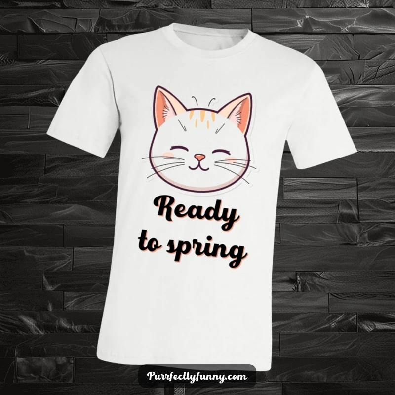 Funny t-shirt with a minimalist cat head illustration, its whiskers transformed into energetic, cartoonish springs, radiating playful bounce.