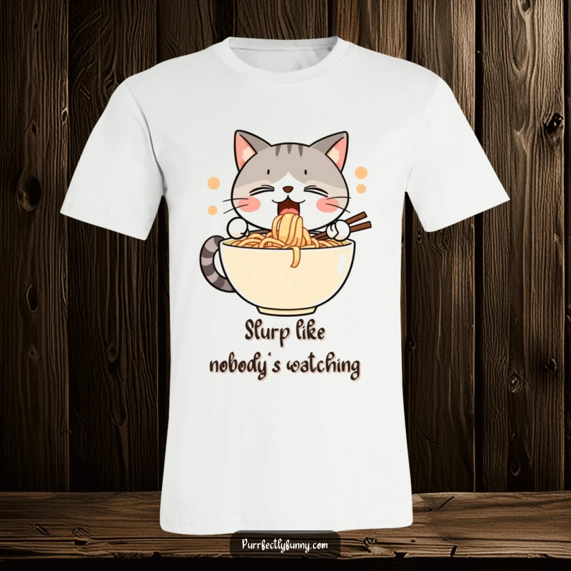 Funny t-shirt graphic of a cat with sheer joy, enthusiastically slurping a very large bowl of delicious noodles.