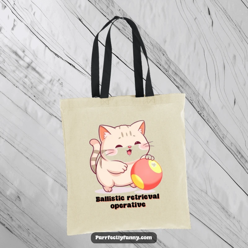 Funny tote bag illustrating a plump cat in a funny pose, trying to catch a bouncy ball, perfect for carrying daily items.