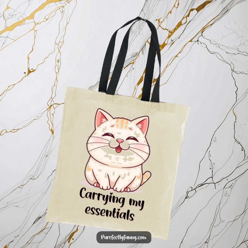 Funny Wobbly Whisker Cat Tote Bag featuring a plump, cheerful cat wiggling its nose and a comically long whisker.