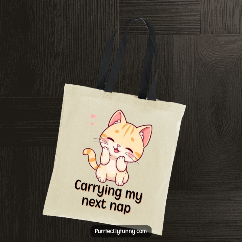 Funny tote bag depicting a cartoon cat energetically chasing after a loose whisker, highlighting its playful and slightly absurd hunting instincts.