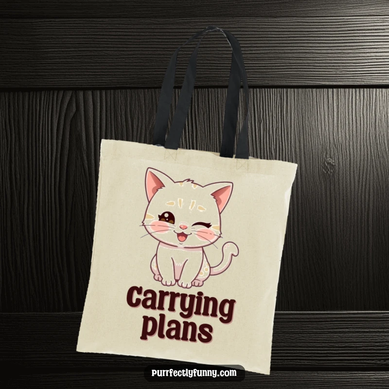 Funny tote bag featuring a playful cat giving a wink and a wiggly tail, ideal for carrying essentials with a cheerful vibe.
