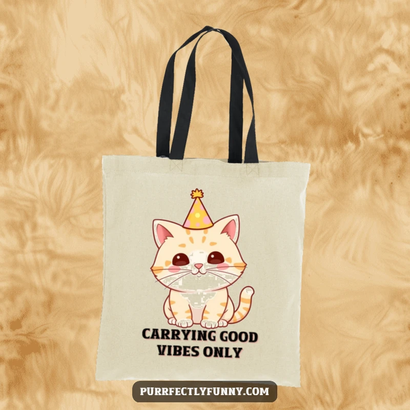 Funny Cat Tote Bag designed for carrying essentials, featuring a cat in a party hat with a long, festive whisker, adding humor to daily tasks.
