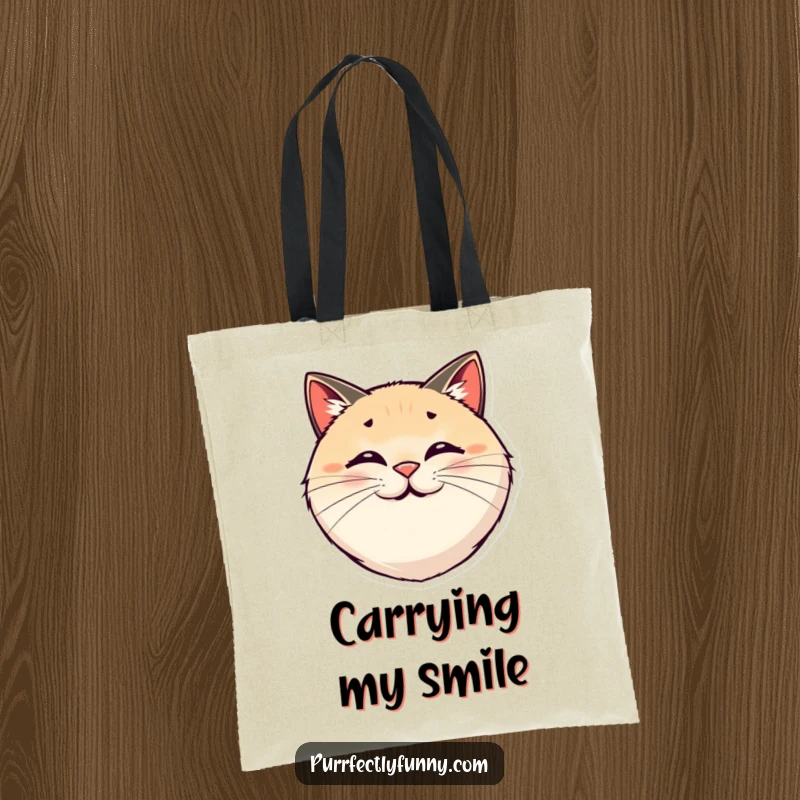 Funny canvas tote bag with a round, smiling cat face and comically exaggerated, bouncy whiskers.