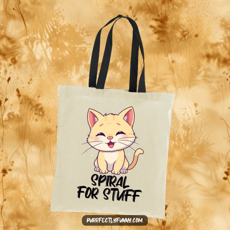 Funny tote bag featuring a delightful cat design, its whiskers uniquely curled into happy spirals, adding a touch of whimsical joy.