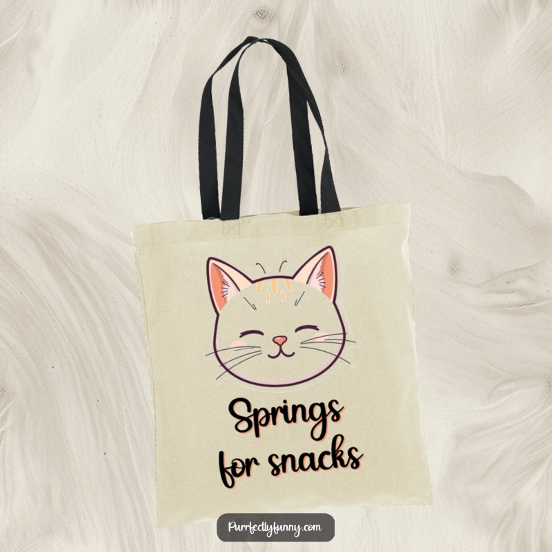 Funny tote bag showcasing a cute cat head design, its whiskers uniquely illustrated as bouncy springs, ready to add a spring to your step.