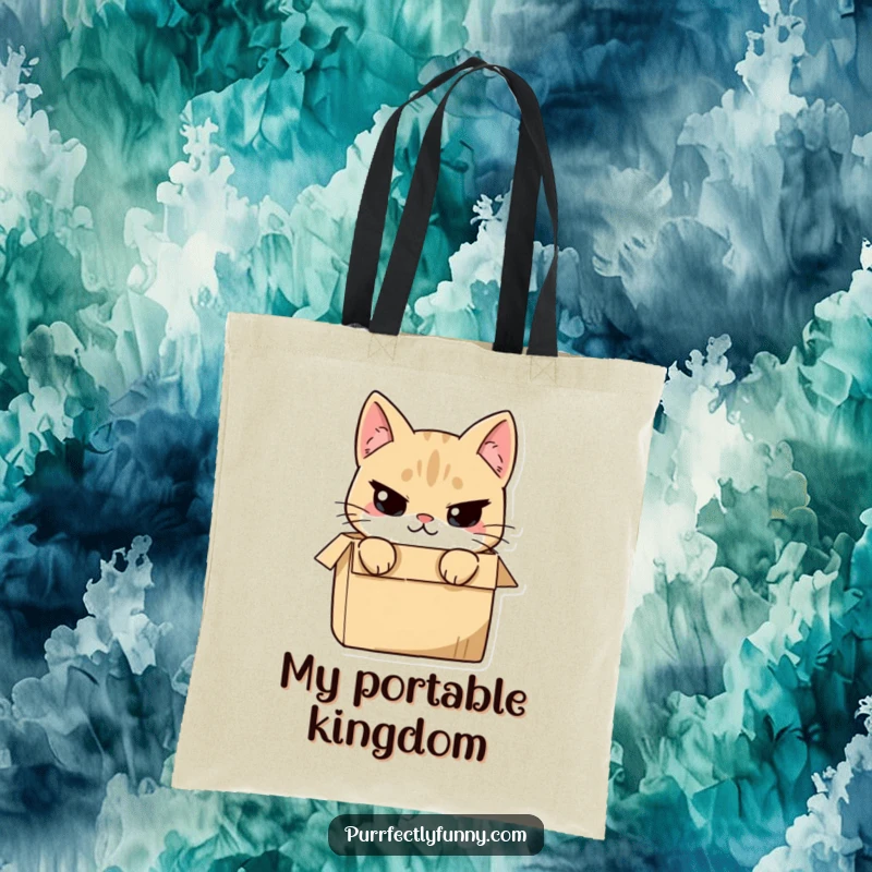 Funny cat peeking out of a box with a mischievous smirk, printed on a durable tote bag, for carrying playful surprises.