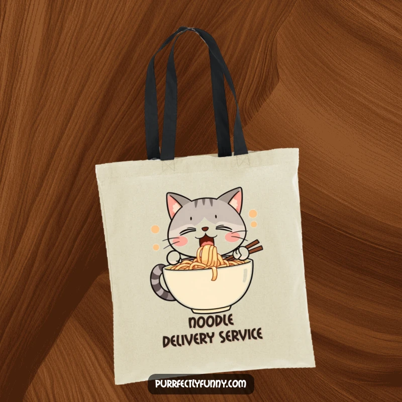 Funny tote bag illustrating a cat with pure joy, enthusiastically slurping a huge bowl of noodles, great for daily use.